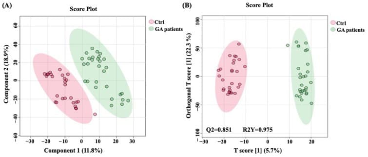 Gráfico de agrupamento multivariado separando dois grupos de amostras.