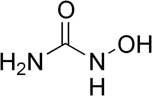 Fórmula estrutural da molécula de hidroxiureia.
