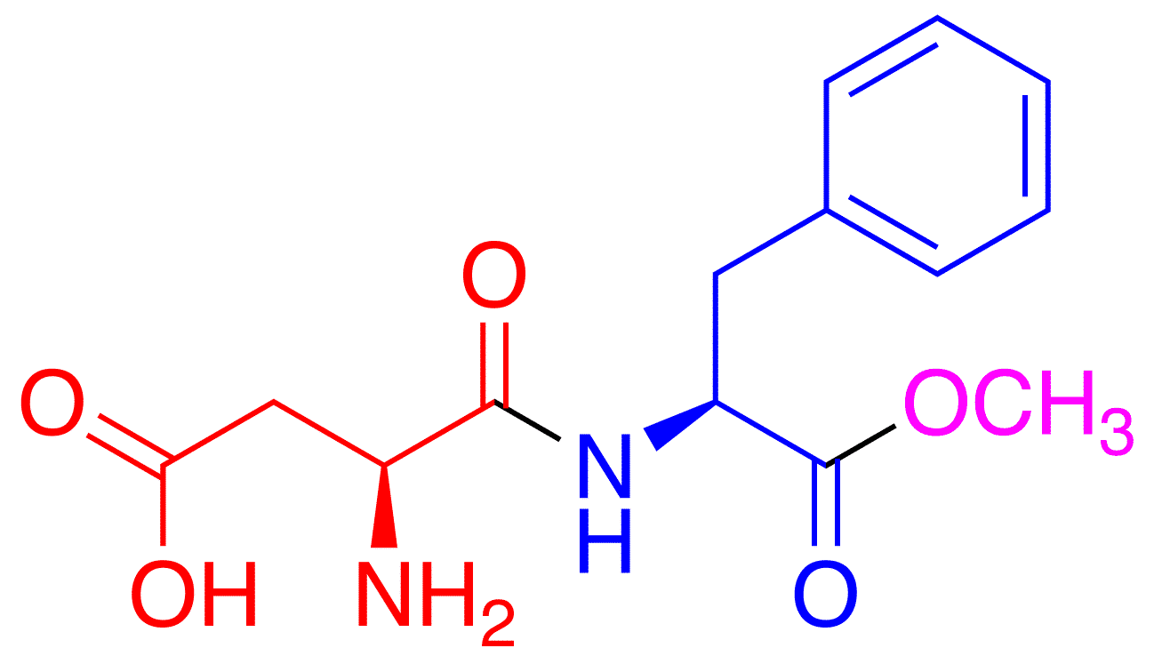 Fórmula estrutural do aspartame com os dois resíduos de aminoácido destacados.