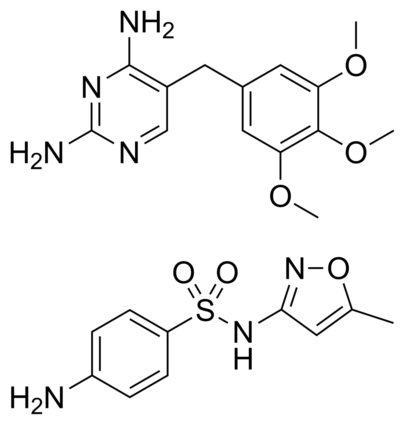 Fórmulas estruturais da trimetoprima e do sulfametoxazol.