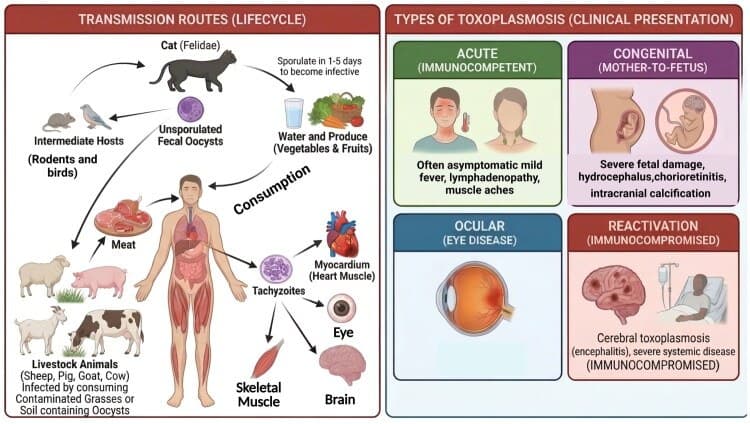 Diagrama reunindo ciclo, rotas de transmissão e manifestações clínicas da toxoplasmose.