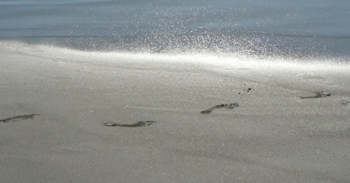 Pegadas na areia molhada de uma praia, seguindo em direção ao mar sob uma luz prateada.