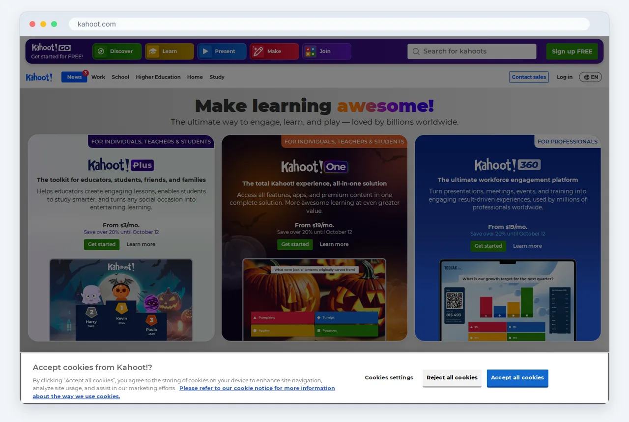 Capture d'écran de la page d'accueil de Kahoot prise en octobre 2026, présentée avec Líderes em treinamento corporativo e engajamento massivo
