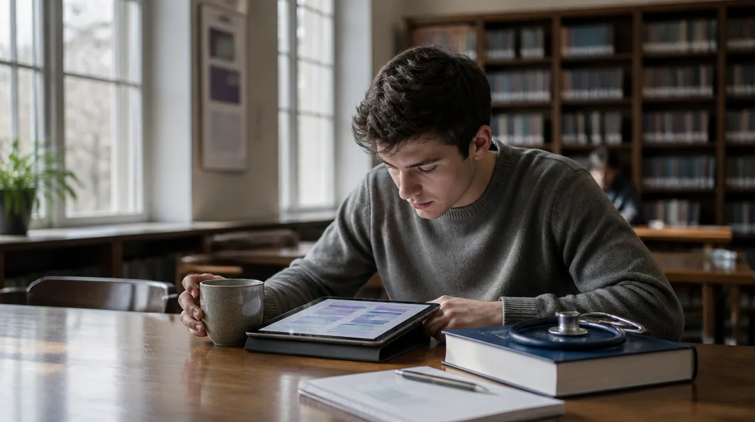 Un étudiant en médecine étudie sur une tablette à côté d'un stéthoscope et d'un livre indigo profond dans une bibliothèque baignée de soleil.