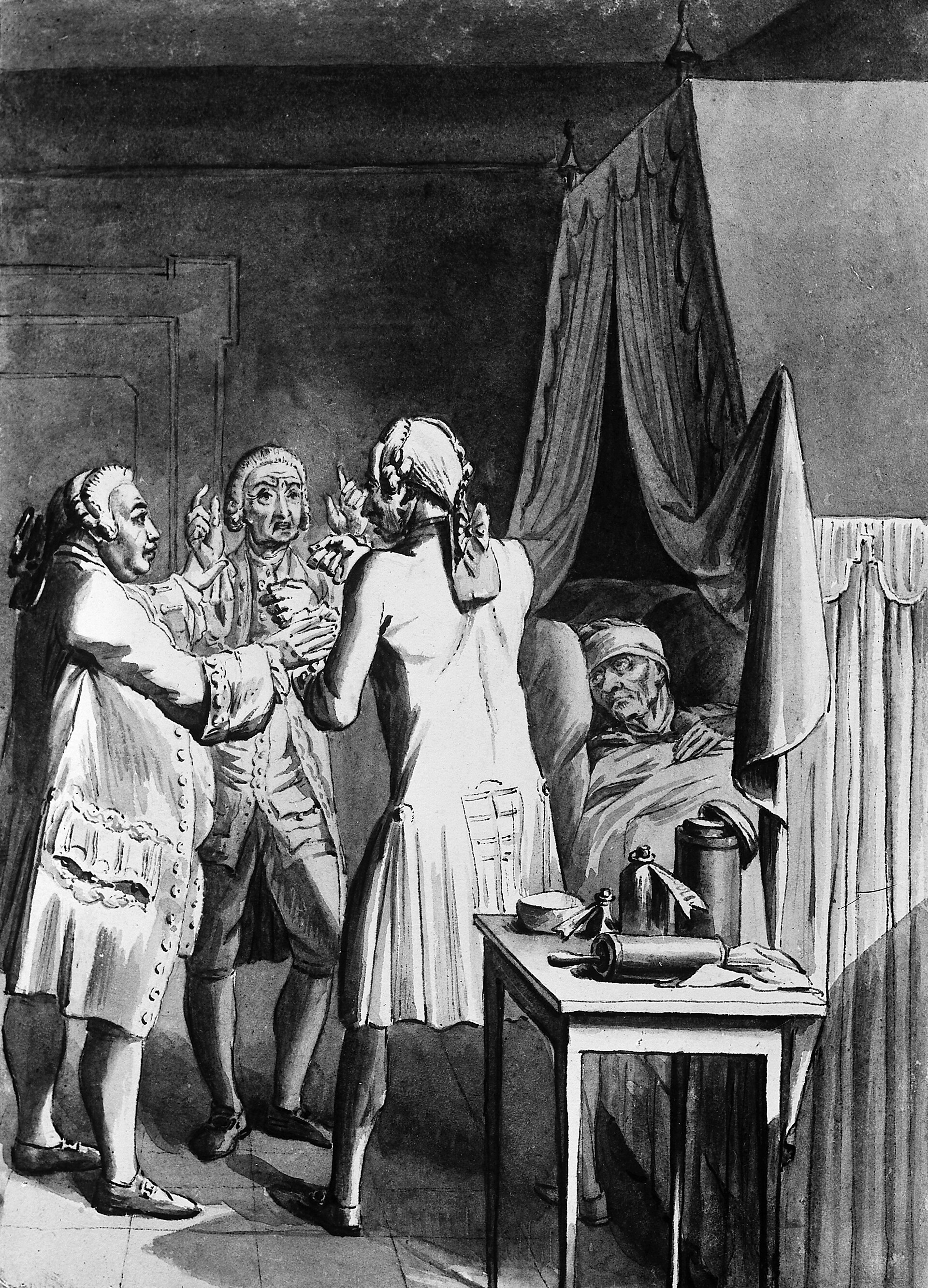 Ancien dessin à l'aquarelle grise de trois médecins en perruque et redingote discutant debout, avec des gestes agités, à côté d'un patient âgé alité portant un bonnet.