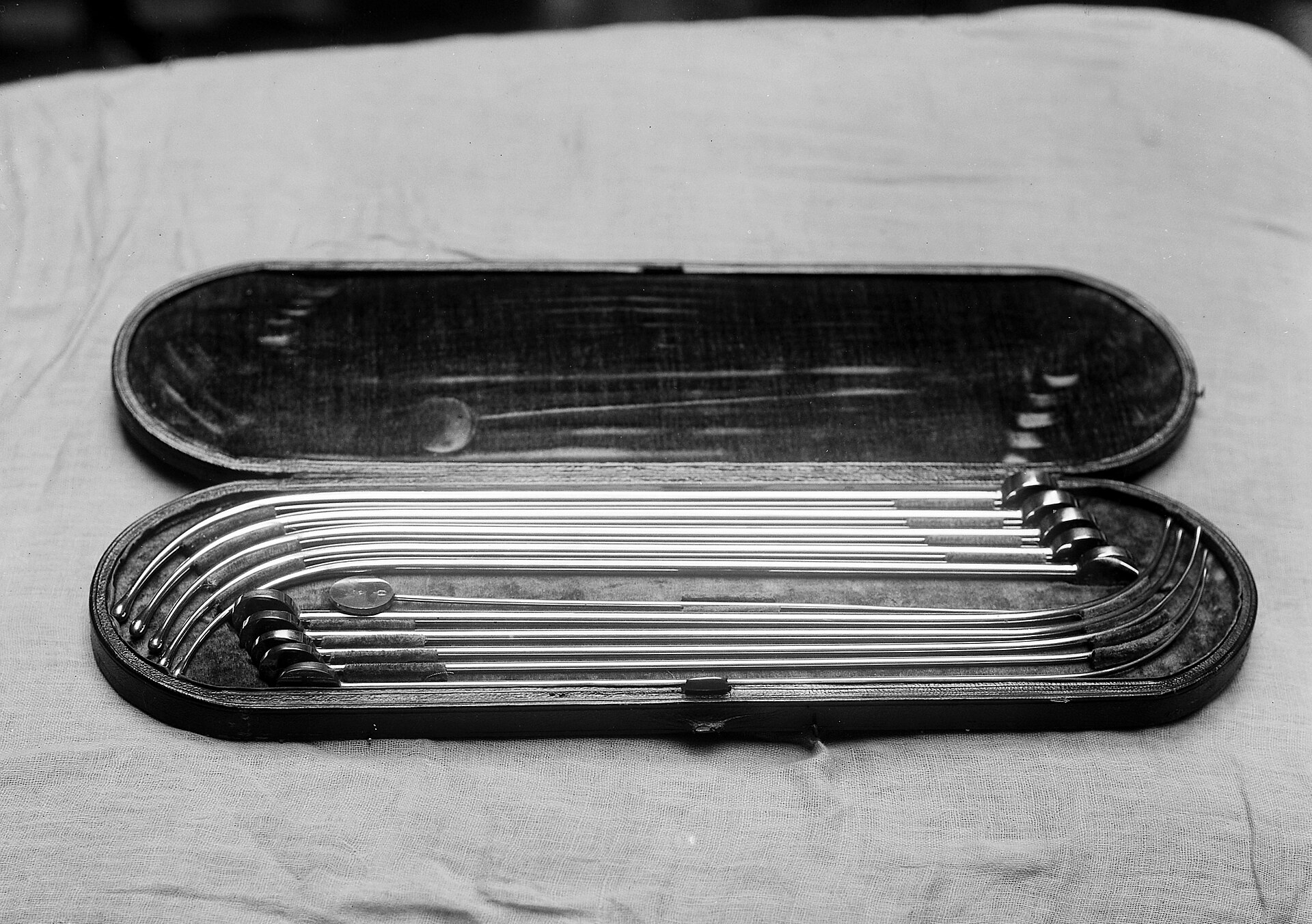 Photo en noir et blanc d'un étui ovale ouvert, doublé de sombre, avec une rangée de bougies métalliques fines et courbes utilisées par Lister, posé sur un tissu clair.