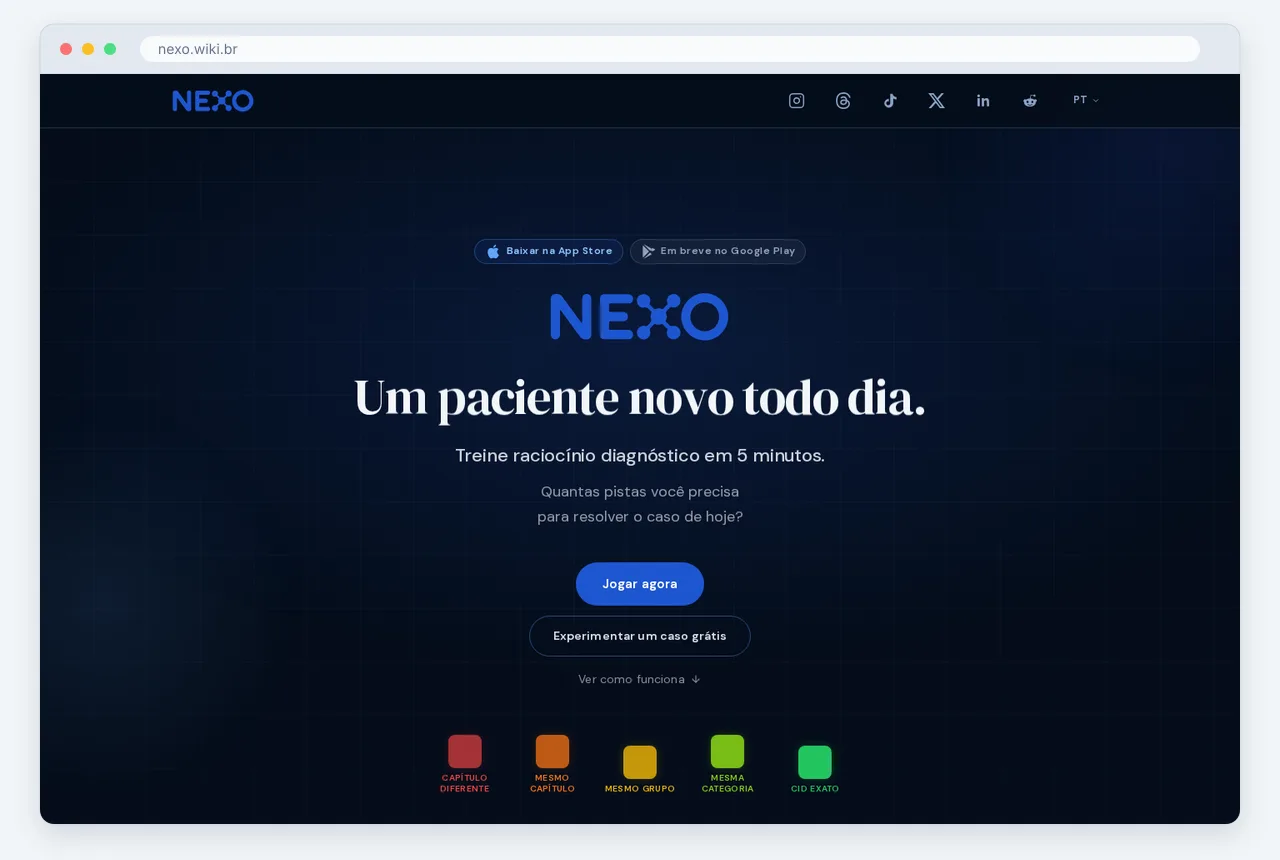 Capture d'écran de la page d'accueil de NEXO prise en septembre 2026, montrée avec NEXO est le jeu idéal pour entraîner le raisonnement clinique quotidien