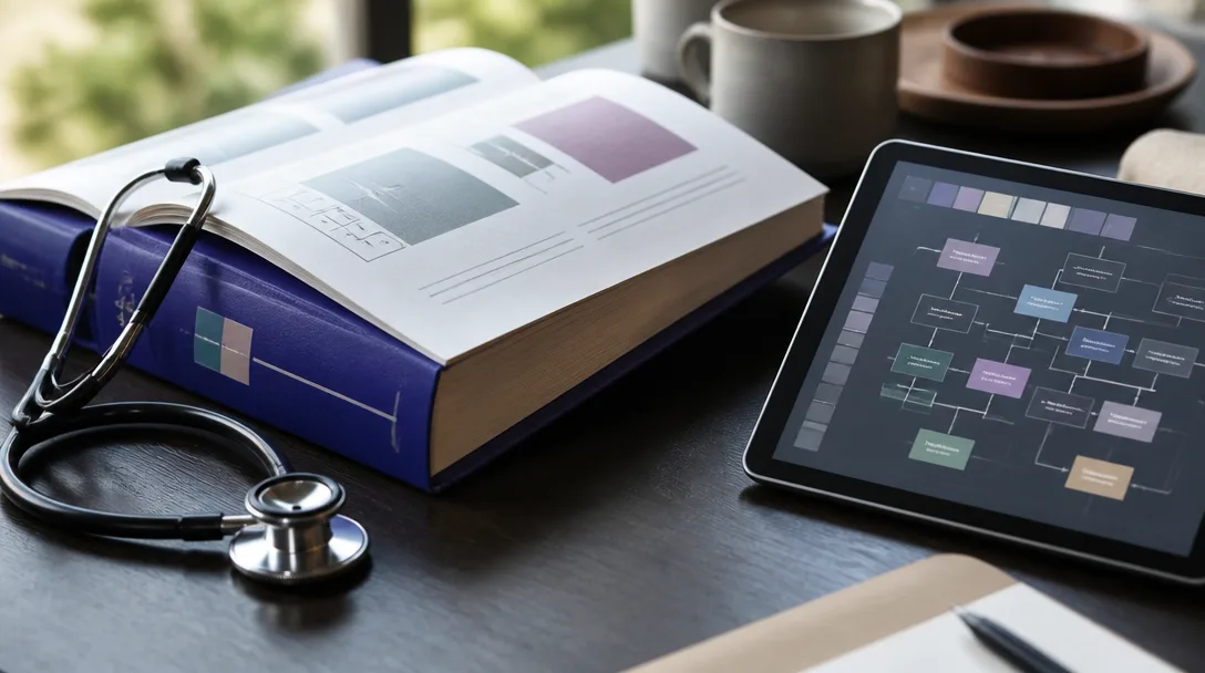 Un stéthoscope repose sur un livre de médecine à la tranche indigo profond, à côté d'une tablette affichant une grille diagnostique.