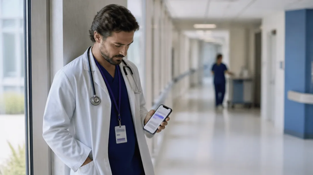 Un médecin dans un couloir d'hôpital utilise une application mobile sur son téléphone tout en portant un cordon indigo profond.