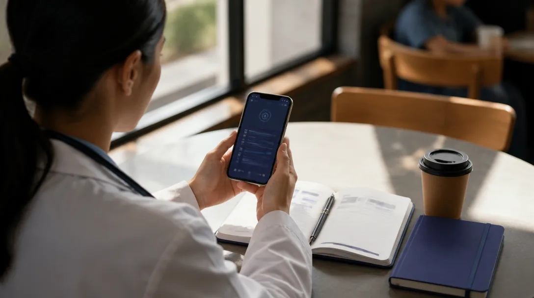 Un professionnel de santé consulte une application de diagnostic sur son téléphone à côté d'un carnet indigo foncé.