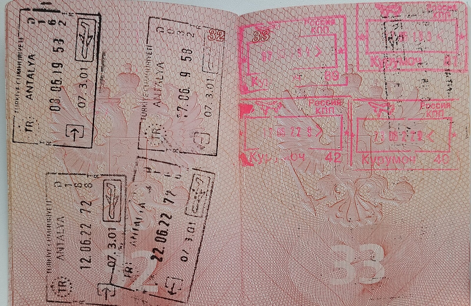 Pages intérieures d'un passeport ouvert, à fond rosé, couvertes de tampons d'entrée et de sortie à l'encre noire et rouge.