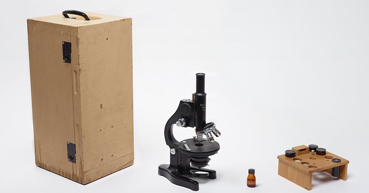 Altes Ölimmersionsmikroskop neben seinem Holzkasten, einer kleinen Flasche und einem Objektträgerhalter