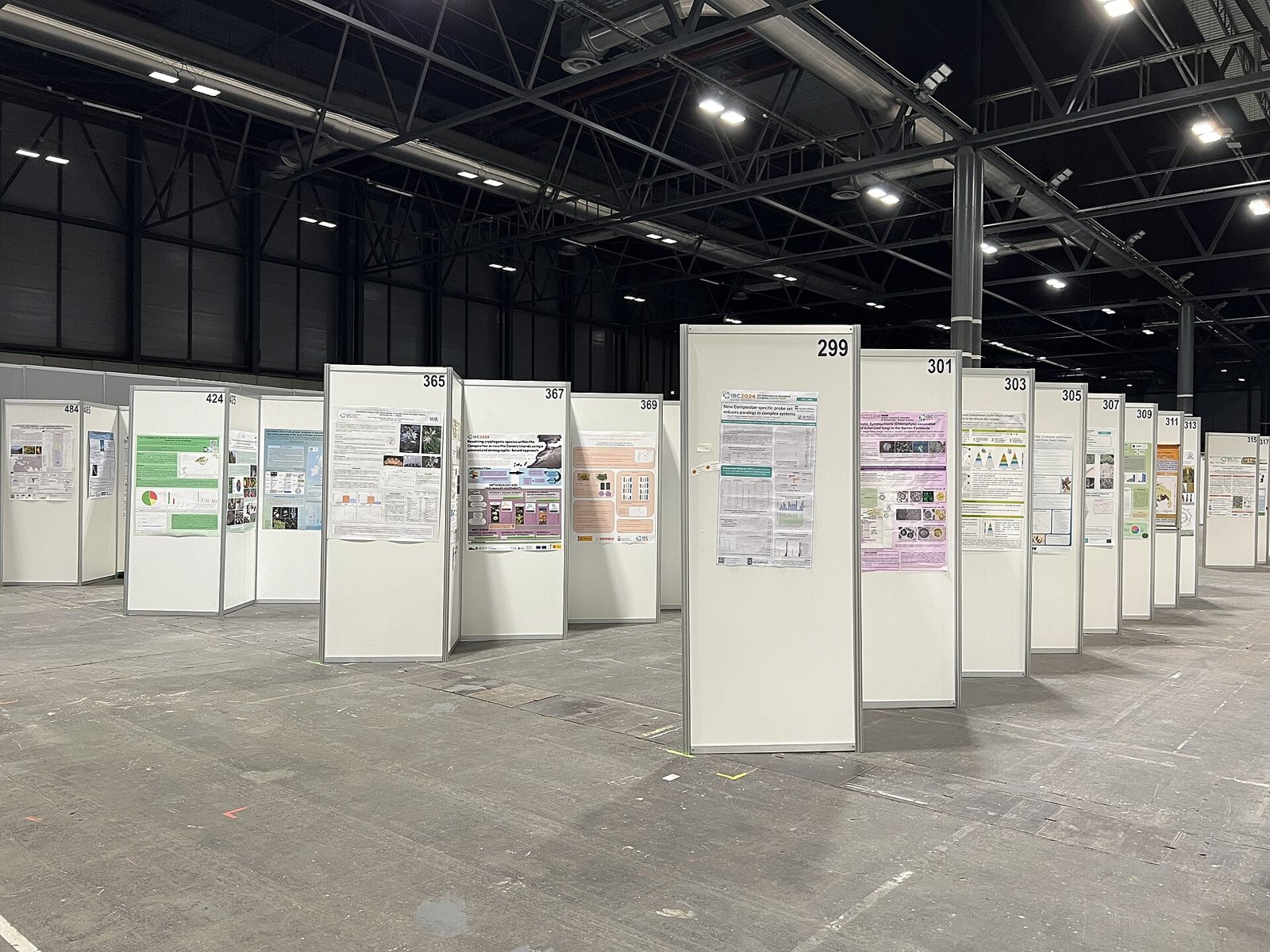 A wide hall with a concrete floor and rows of numbered white panels, each with a colorful scientific poster, under a dark metal structure with lights on the ceiling.