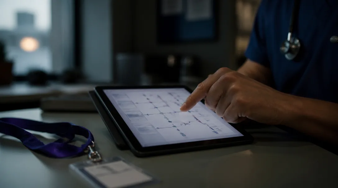 Gros plan sur des mains utilisant une tablette pour parcourir un organigramme diagnostique dans un cadre hospitalier.