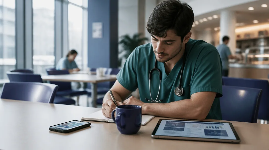 Un étudiant compare un simple jeu de mots sur un téléphone avec une simulation clinique complexe sur une tablette.