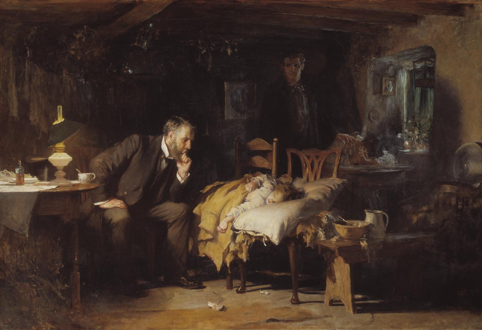 Peinture à l'huile dans des tons sombres d'une maison modeste : un médecin barbu, assis, appuie son menton sur sa main et observe attentivement un enfant malade allongé sur deux chaises rapprochées, éclairé par une lampe à huile ; au fond, dans la pénombre, le père debout et la mère penchée sur la table.