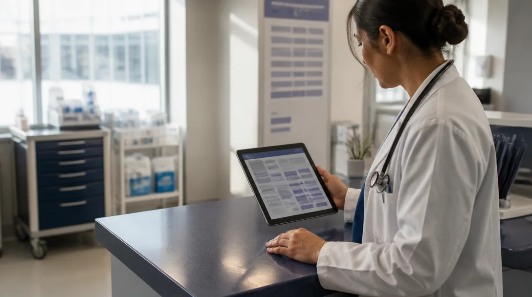 Un médecin regarde une tablette sur un comptoir indigo profond dans un hôpital, montrant une grille structurée de blocs de données.