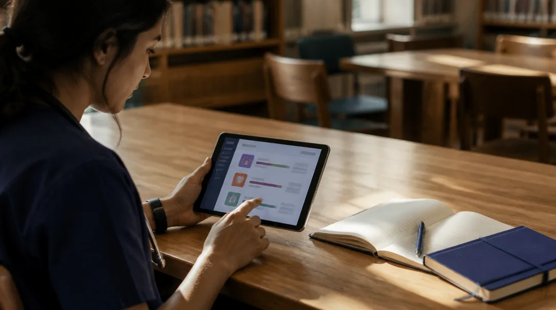 Un étudiant utilise une tablette avec une interface colorée à côté d'un carnet indigo profond sur une table de bibliothèque ensoleillée.