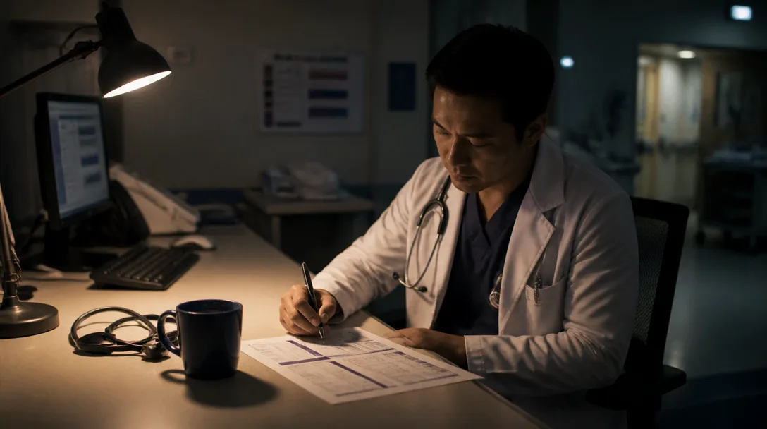 Un médecin coche une liste sur un bureau la nuit, à côté d'une tasse indigo profond et d'un stéthoscope numérique.