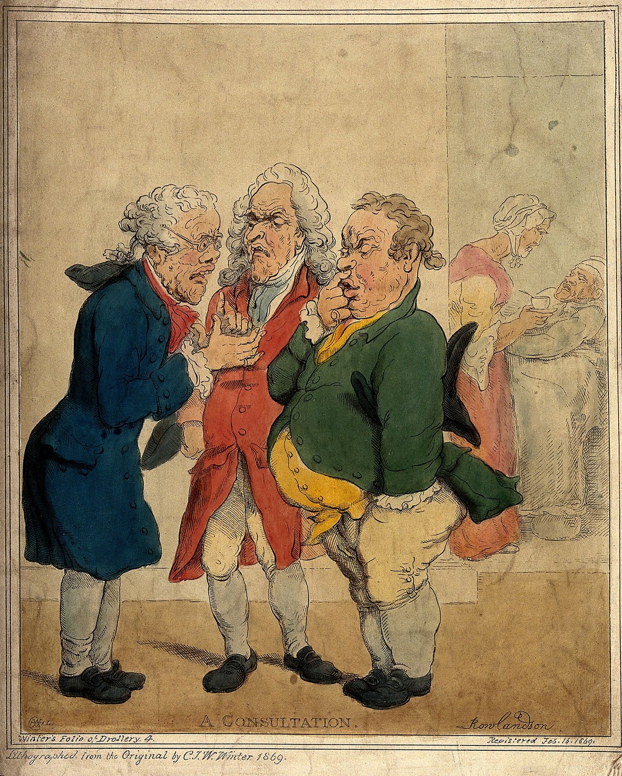 Lithographie en couleurs du dix-neuvième siècle montrant trois médecins en redingote et perruque qui discutent de près, debout, tandis qu'en arrière-plan une femme offre une tasse à la patiente alitée.