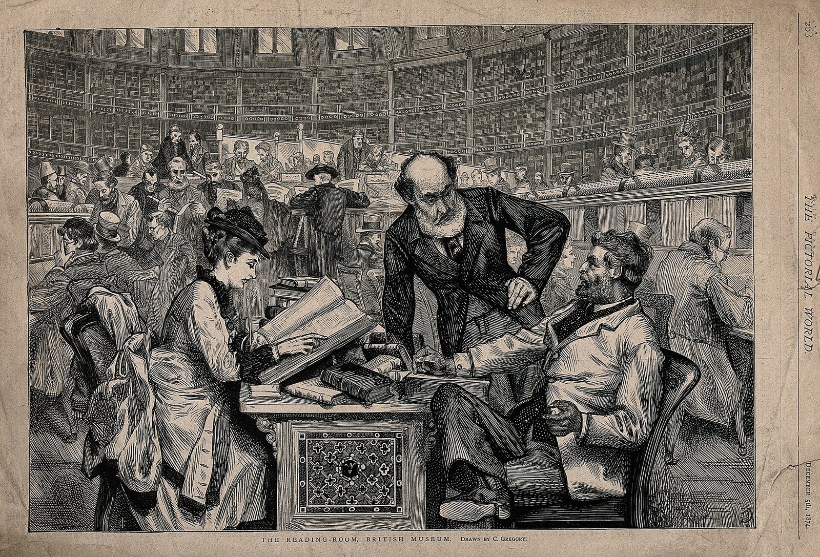 Gravure sur bois du dix-neuvième siècle montrant l'intérieur de la grande salle de lecture du British Museum, avec des lecteurs assis à de longues tables entourées de livres et de rayonnages.