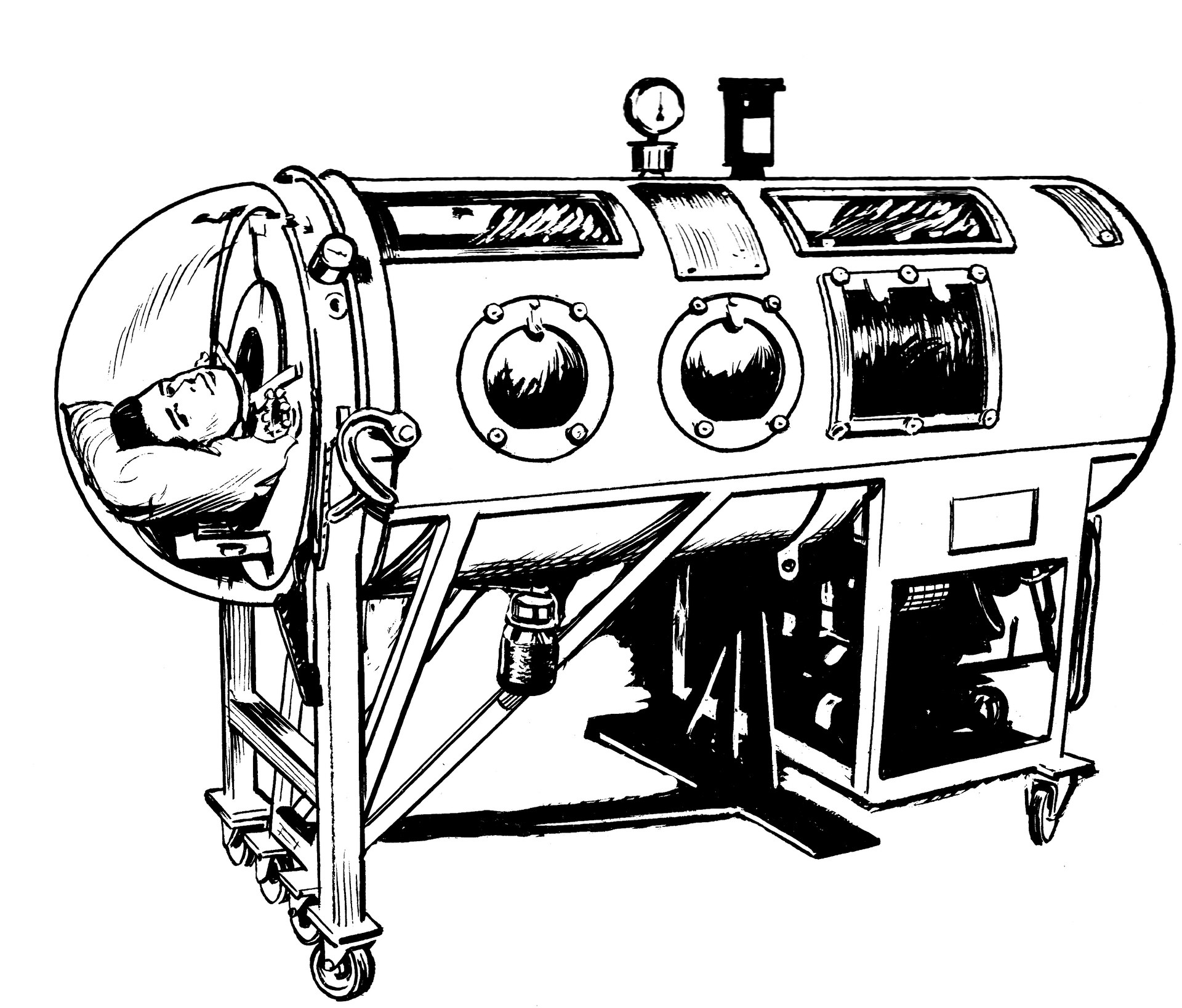 India ink drawing of an iron lung: a metal cylinder on wheels, with round hatches and a pressure gauge on top, and a man lying with his head outside resting on a pillow