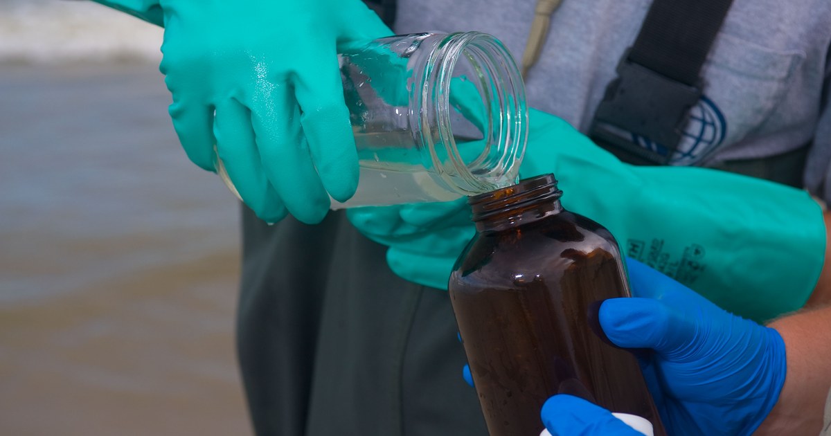 Des mains gantées versent un échantillon d'eau d'un bocal en verre dans un flacon ambré au bord de l'eau