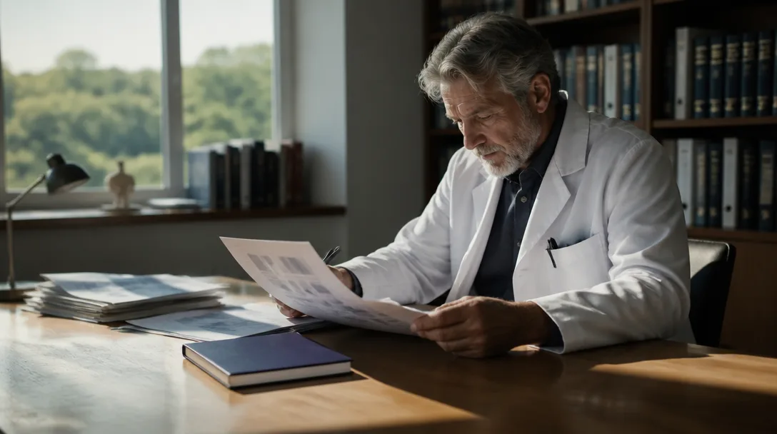 Un médecin examine le dossier d'un patient à côté d'un carnet bleu foncé sur un bureau en bois éclairé par le soleil.