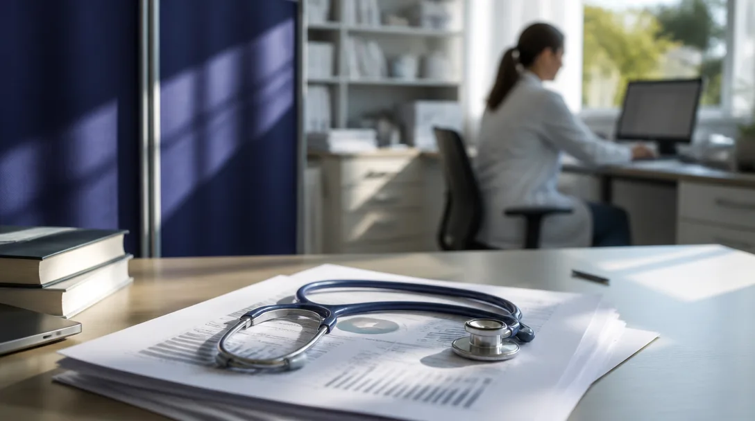 Un stéthoscope posé sur une pile de rapports médicaux à côté d'un séparateur bleu foncé.
