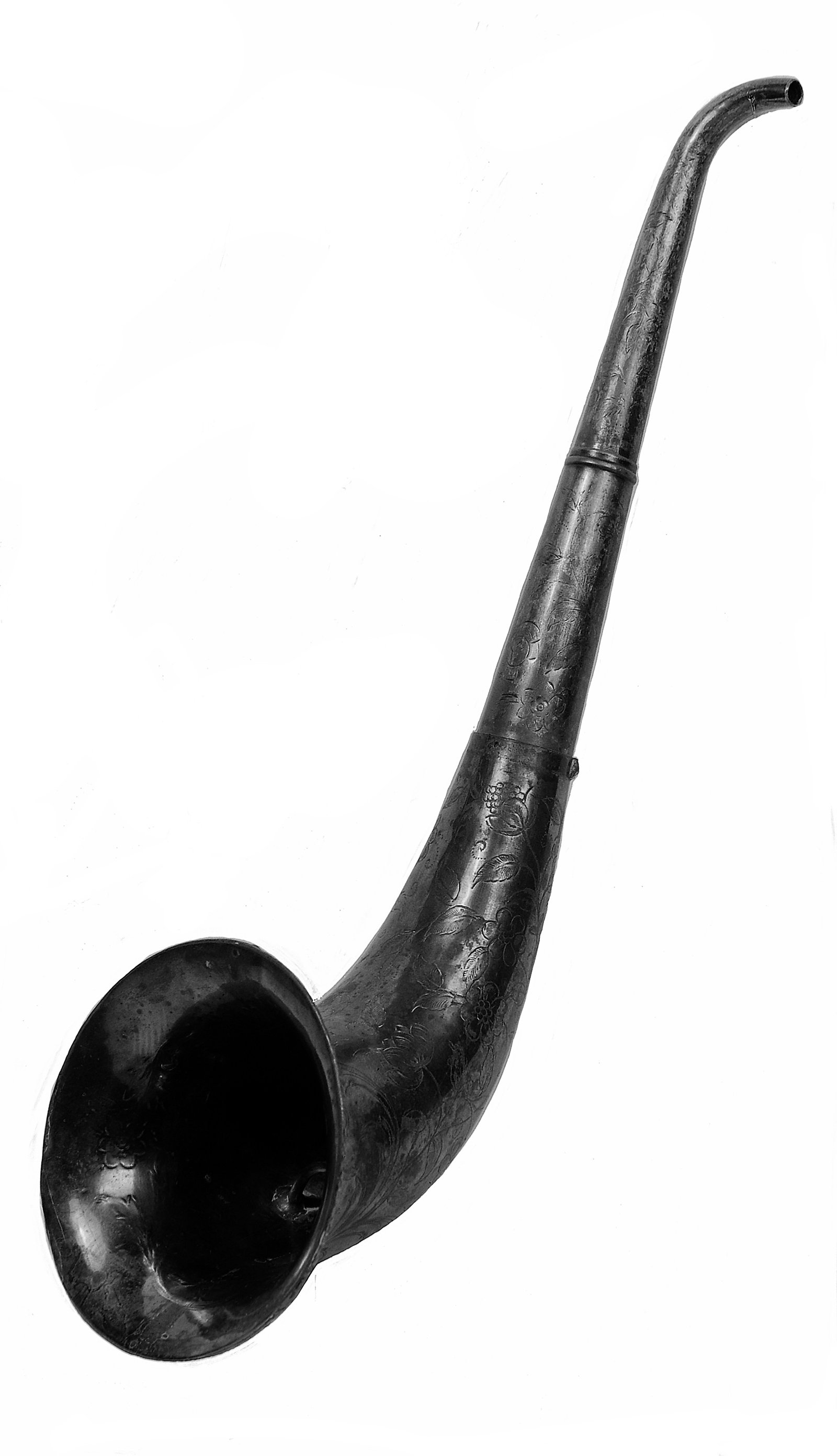 19th-century acoustic horn, made of dark metal engraved with flowers and leaves, with a wide bell-shaped mouth and a long, curved tube that narrows toward the tip, on a white background.